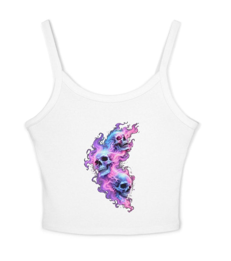 "Drop Dead Gorgeous" Crop Tank Top — Purple Galaxy Skull Flame Graphic