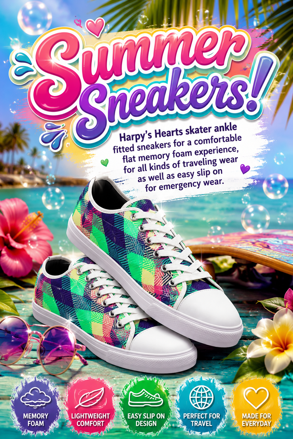 "Harpy Hearts" Skater Sneakers, Flats, Ankle Fitted, Workout Sneakers