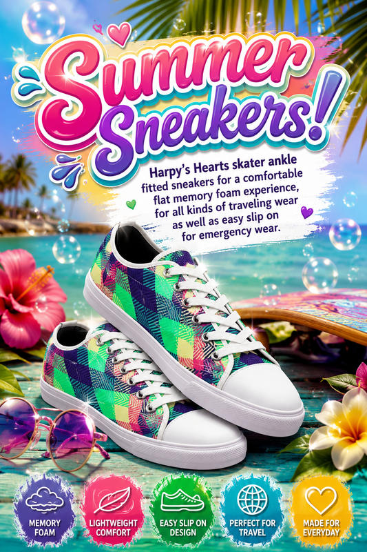 "Harpy Hearts" Skater Sneakers, Flats, Ankle Fitted, Workout Sneakers