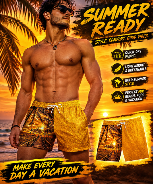 "The Golden Beach" swim shorts, swim trunks, stylish designer swimwear, unique shorts