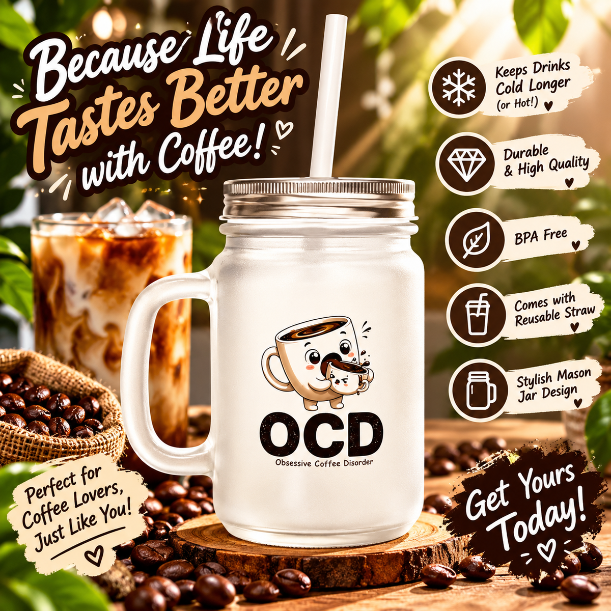 "OCD Coffee" Mason Jar Tumbler — Funny Coffee Lover Travel Mug