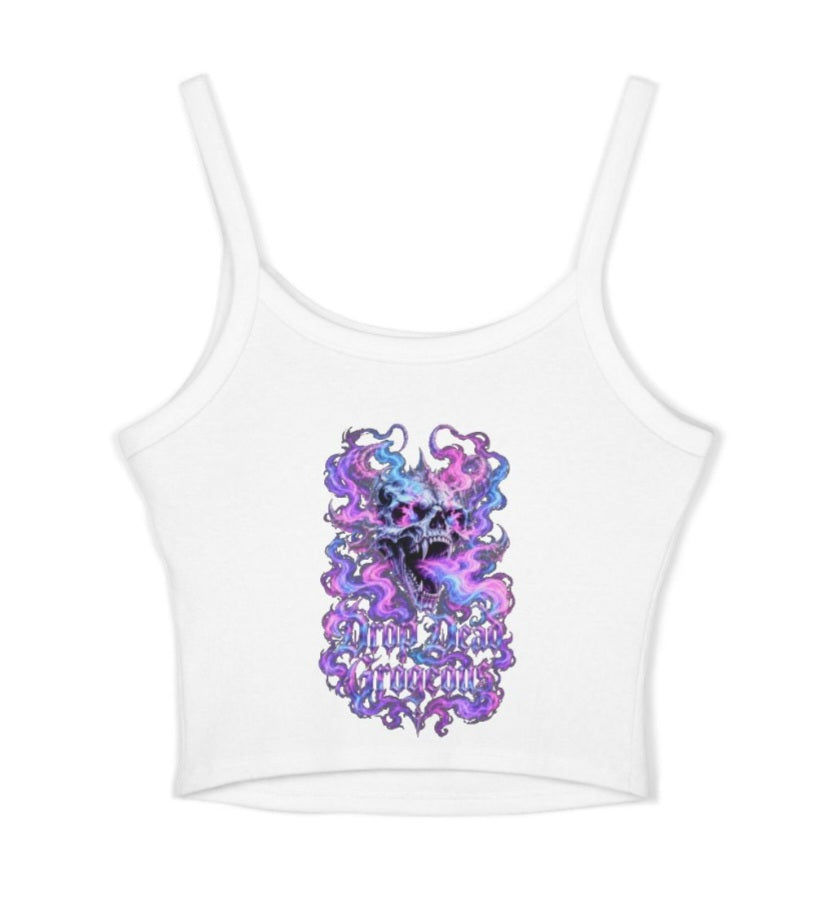 "Drop Dead Gorgeous" Crop Tank Top — Purple Galaxy Skull Flame Graphic