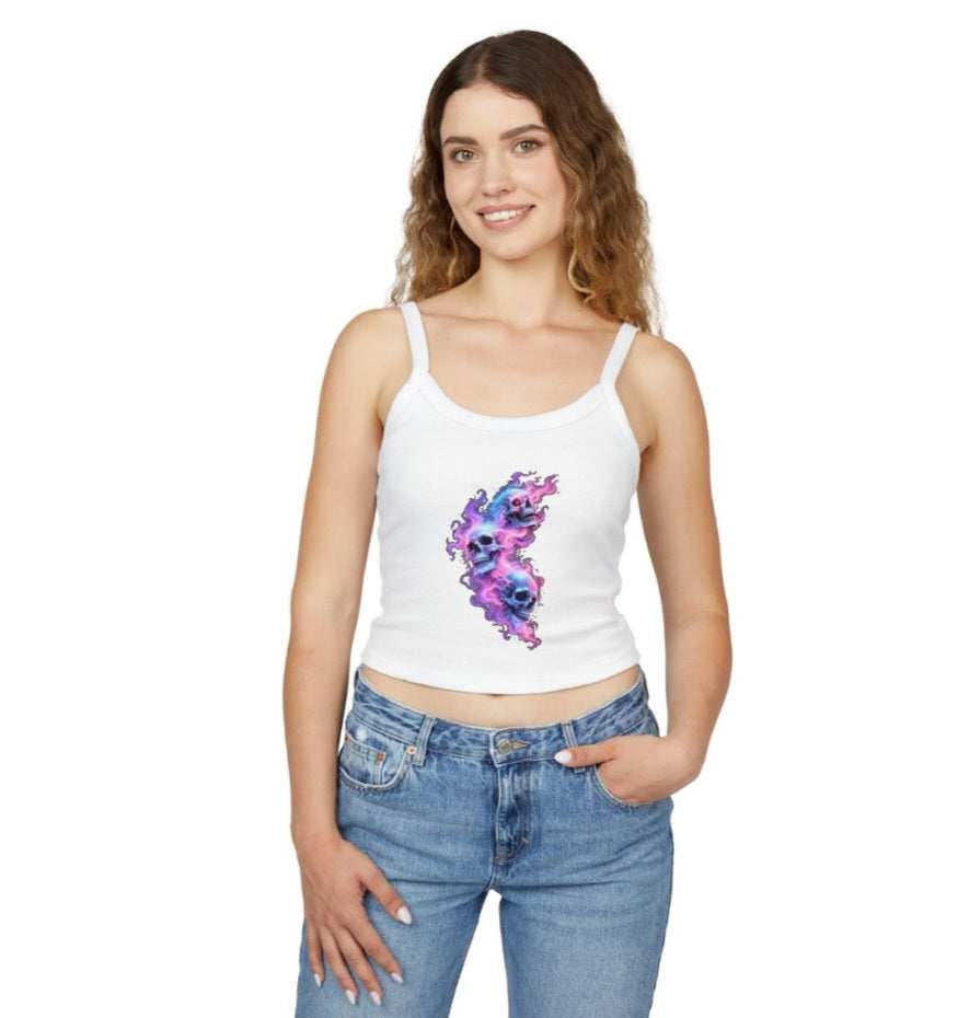 "Drop Dead Gorgeous" Crop Tank Top — Purple Galaxy Skull Flame Graphic