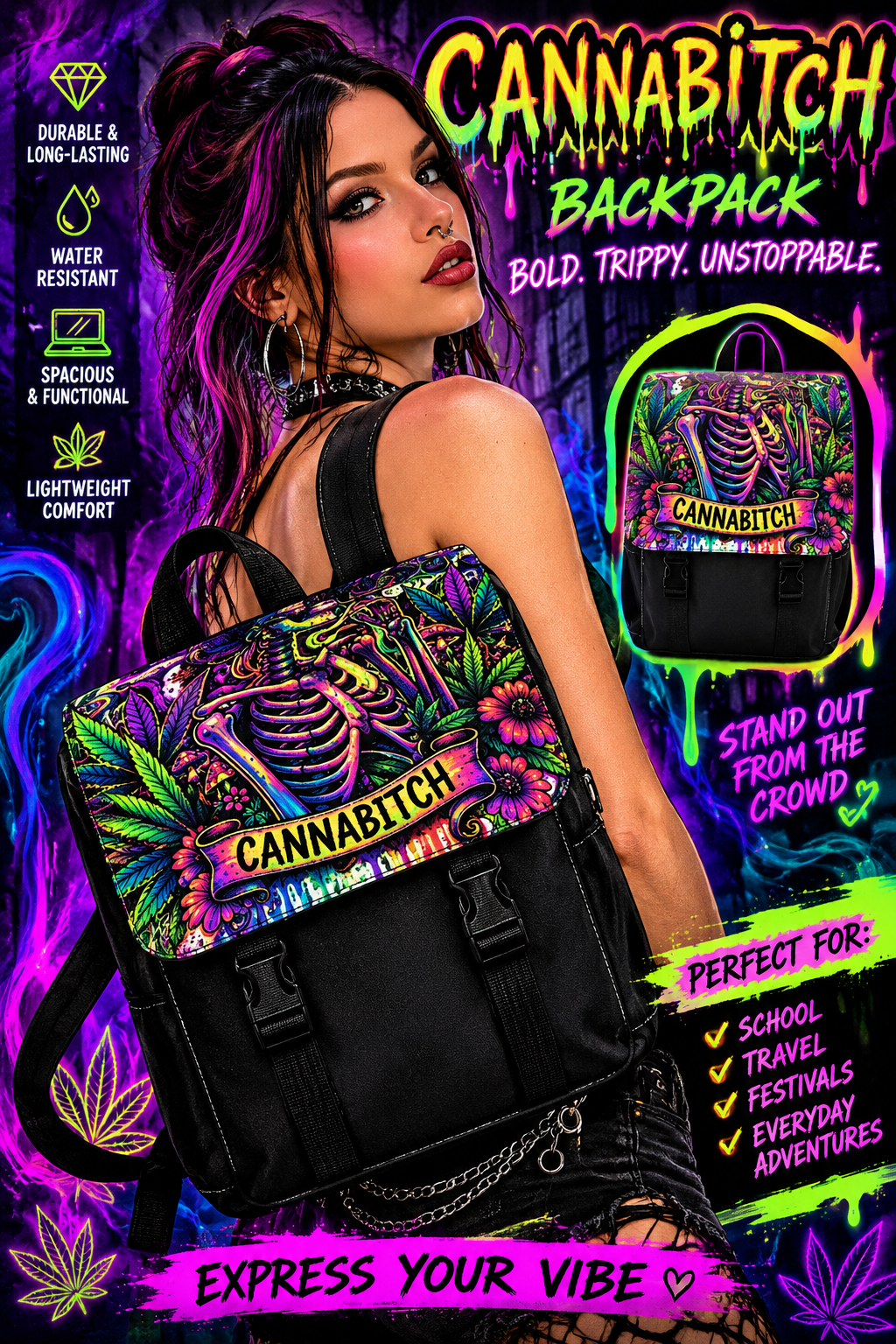 "Cannabitch" Skeleton Cannabis Backpack — Psychedelic Stoner Daypack