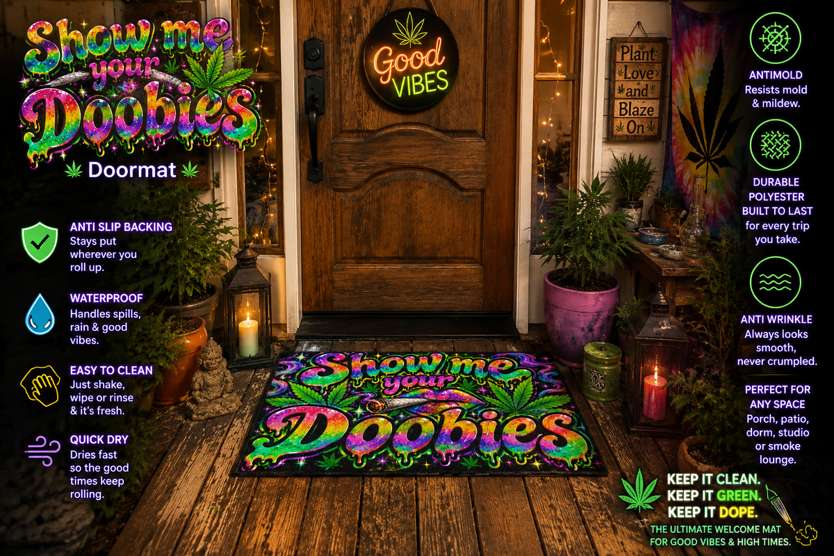 "Show Me Your Doobies" Outdoor Rug — Psychedelic Cannabis Welcome Mat
