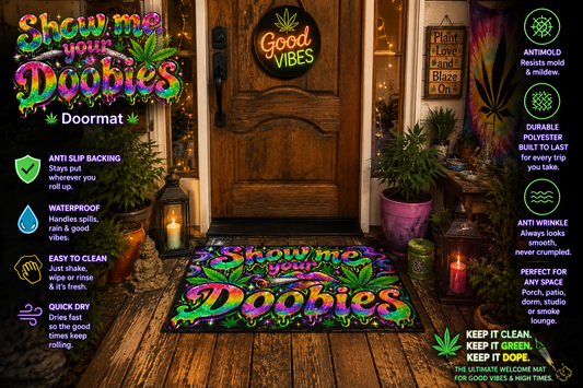 "Show Me Your Doobies" Outdoor Rug — Psychedelic Cannabis Welcome Mat