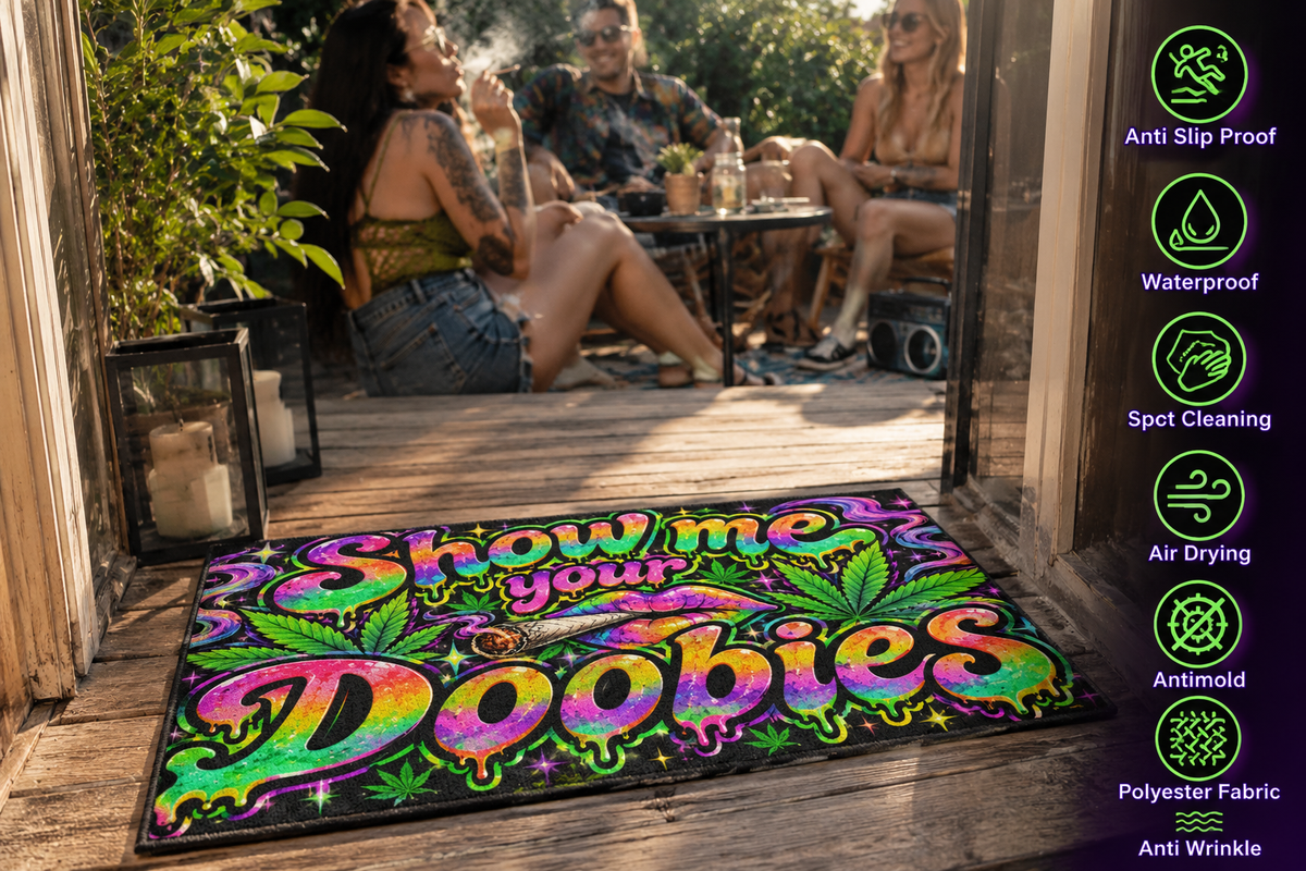 "Show Me Your Doobies" Outdoor Rug — Psychedelic Cannabis Welcome Mat